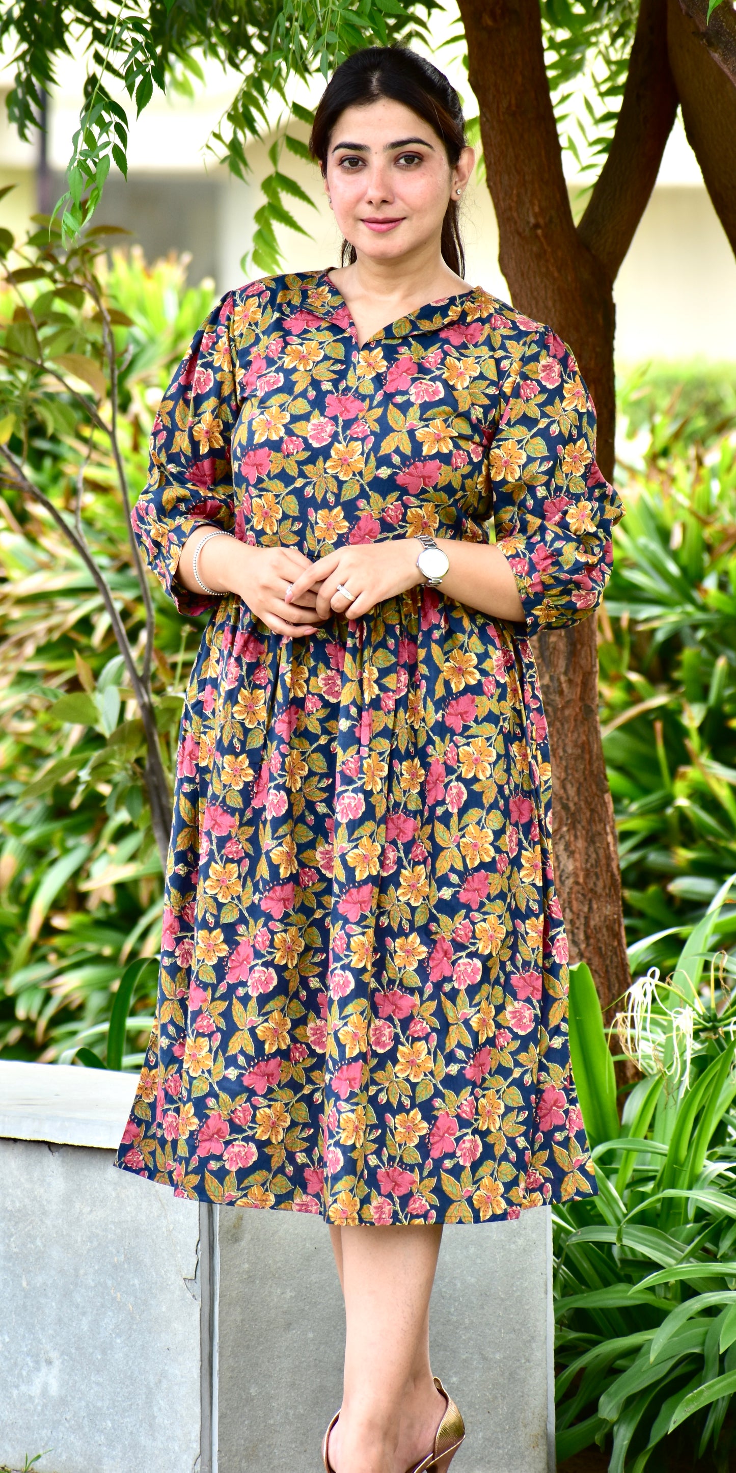 Elegant Floral A-Line Midi Dress