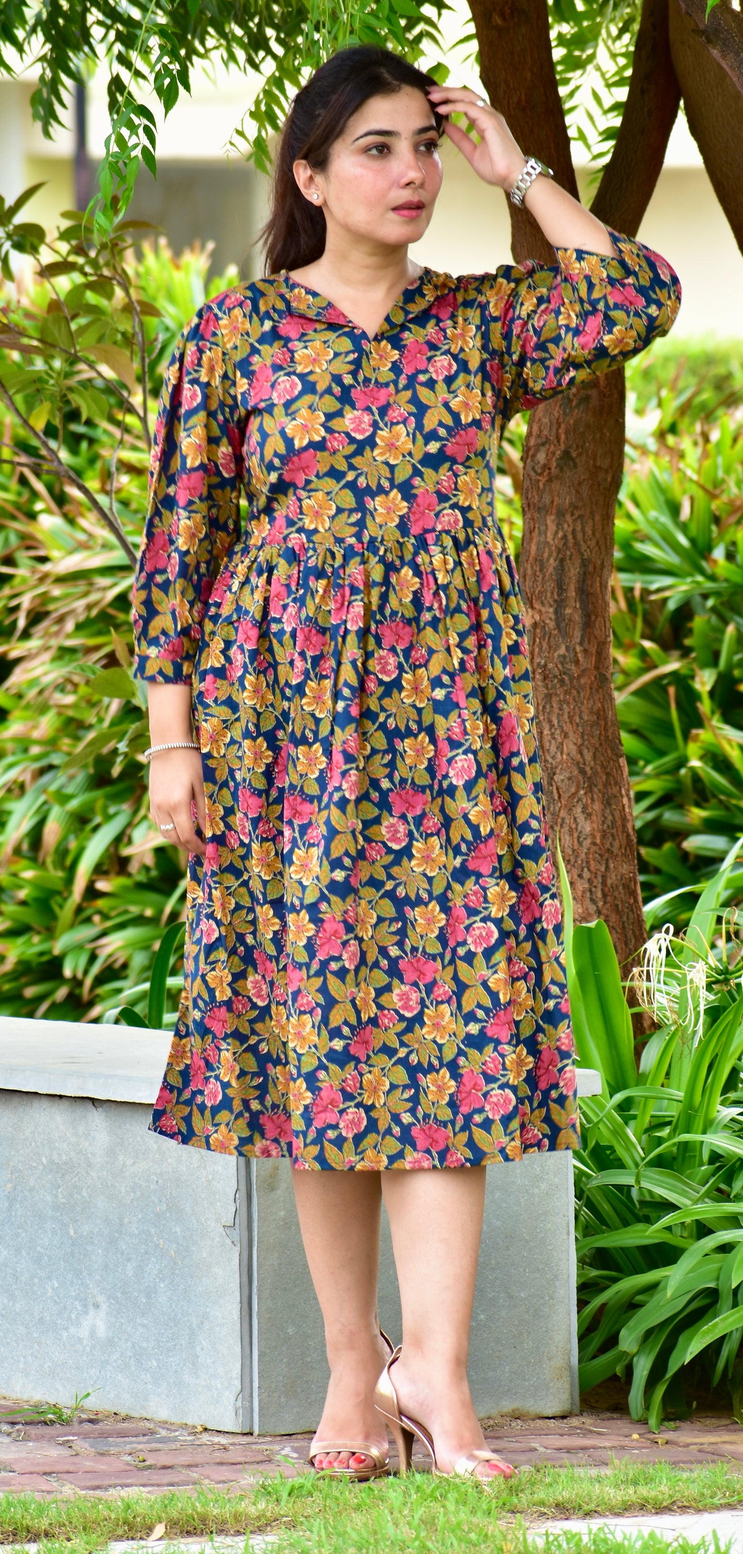 Elegant Floral A-Line Midi Dress