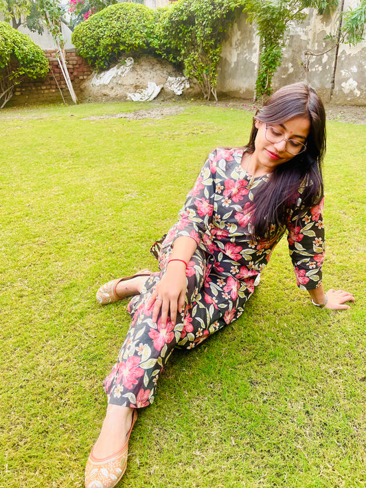 Black & Pink Floral Print Cotton Co-ord Set | Shivanyaa