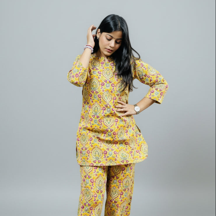 Vibrant Yellow Floral Print Co set | Shivanyaa