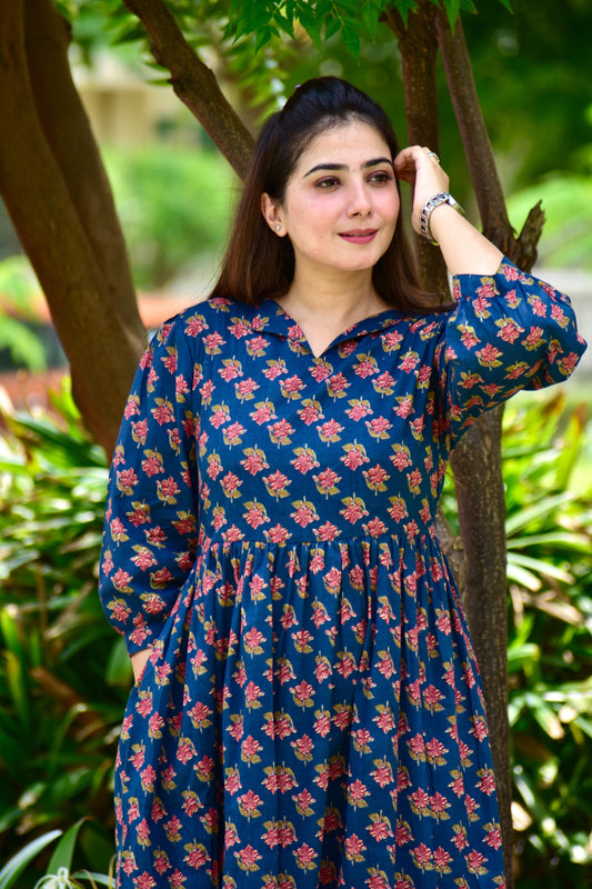 Blue Floral Printed A-Line Midi Dress