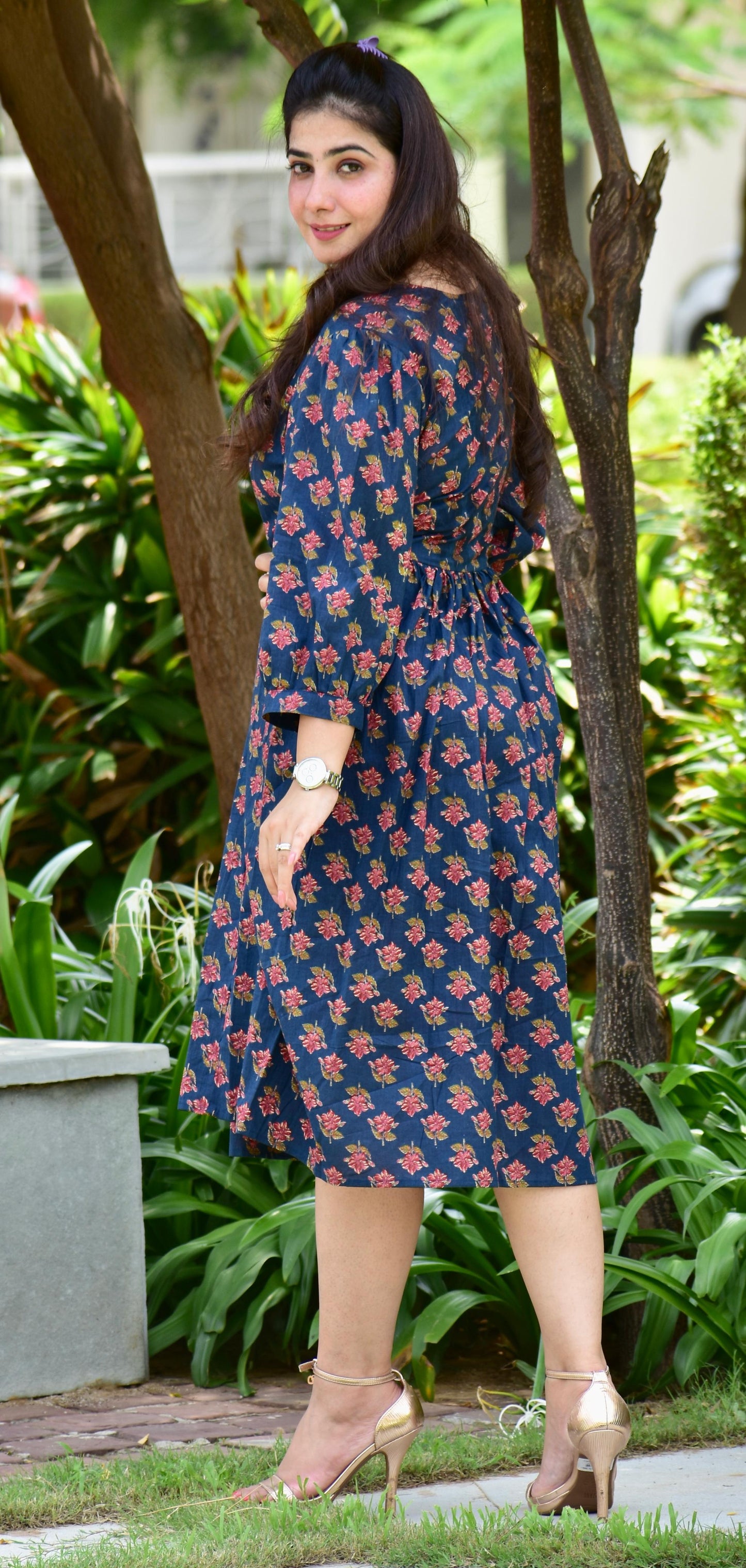 Blue Floral Printed A-Line Midi Dress